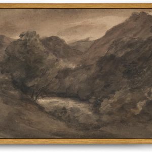 Framed Canvas Wall Art Vintage Print Paintings Moody Watercolor Landscape Brown Dark Scenery Drawing Evening Lake Mountains Retro for Home Living Room Bathroom Wall Decor (8"x10")