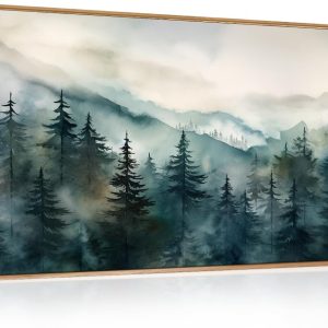 Watercolor Misty Forest Framed Canvas Wall Art Set, Nature Landscape Wall Decor, Foggy Mountain Pine Trees Wall Painting, Jungle Scenery Artwork for Living Room, Bedroom, Office 20"x40"