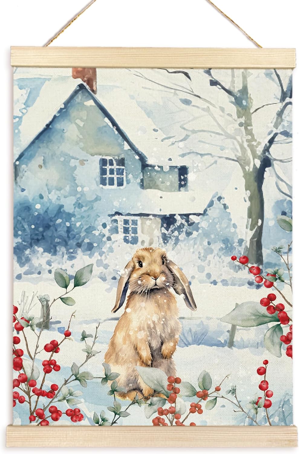 Winter Christmas Poster Hanger Frame, Watercolor Bunny Wood Wooden Canvas Print, Christmas Snowy Red Berry Branches Rabbit Animals Themed Wall Decor Painting for Home Farmhouse Room Decor 12X16