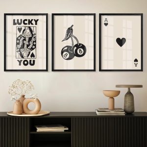 Framed Set of 3 Poker Wall Art  Poster, Trendy Retro Print Wall Decor for Queen of Hearts Wall Art Rustic Vintage Farmhouse Home Wall Decor（Black 12"x16"）