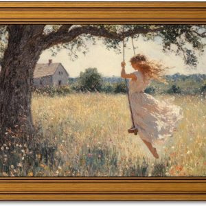 Vintage Gold Framed Canvas Wall Art, Swing Girl Poster Artwork, Country Landscape Print Picture, English Cottage Wildflorals Painting Wall Decor, for Living Room, Bedroom, Home Decoration, 9x11in