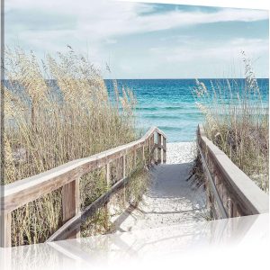 Beach Seascape Canvas Wall Art - Coastal Picture Artwork with Wooden Fence and Weeds Pathway to Ocean for Bedroom Wall Decor（24 x 18)